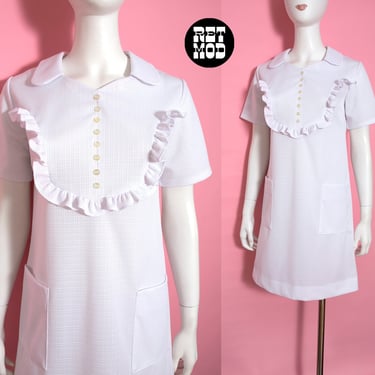 Mod Vintage 60s 70s White Mini Dress with Babydoll Bib Front 