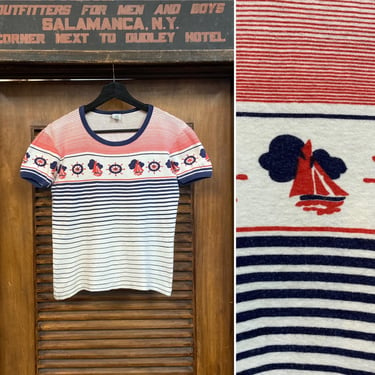 Vintage 1970’s Nautical Border Cotton Print Mod Sailboat T-Shirt, 70’s Tee Shirt, 70’s Fitted Shirt, Vintage Clothing 
