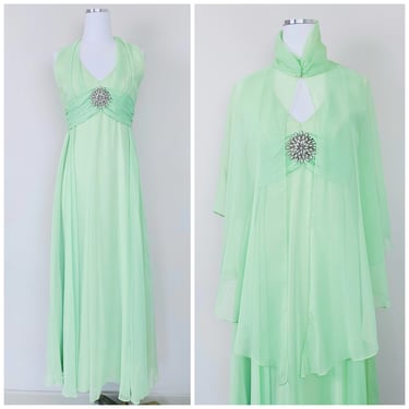 1970s Vintage Miss Elliette Seafoam Green Chiffon Dress Set / 70s Beaded Empire Waist Gown and Cape / Size Small 