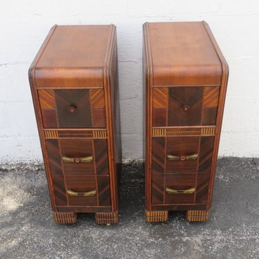 Art Deco Waterfall Tall Narrow Nightstands Side End Bedside Tables a Pair 2969