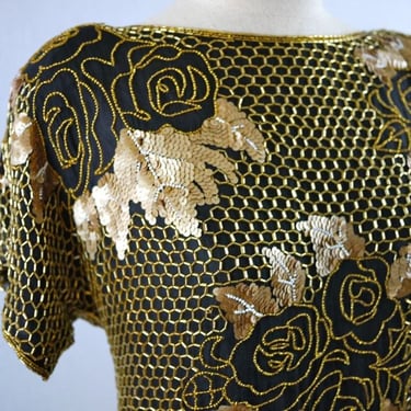 Gold and Black Sequined Short Sleeve Floral Beaded Blouse 