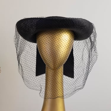 Dramatic 1940’s New York Creations Fully Veiled Black Brimmed Straw Hat