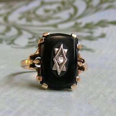 Vintage 10k Gold, Black Onyx & Diamond Ring - 1930s Size 7 1/2 Rectangular Shaped Statement Ring, Art Deco Ring (#4551) 