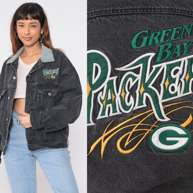 Green Bay Packers Jean Jacket 90s Faded Black NFL Denim Jacket Football Jacket Charcoal Biker Vintage Button Up Trucker Jacket Retro Medium 