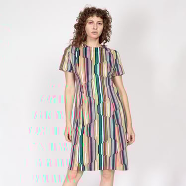 Large 70s Op Art Striped Shift Dress | Vintage Mod Short Sleeve Knee Length Dress 