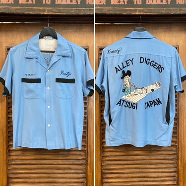 Vintage 1950’s “Alley Digger” Japan Rayon Cartoon Embroidery Bowling Shirt, 50’s Loop Collar, Vintage Clothing 