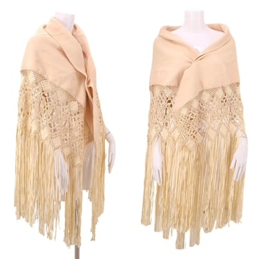 20s romantic knotted silk wool ribbon Deco fringe shawl / vintage 1920s antique ivory crochet flapper large wrap cape 