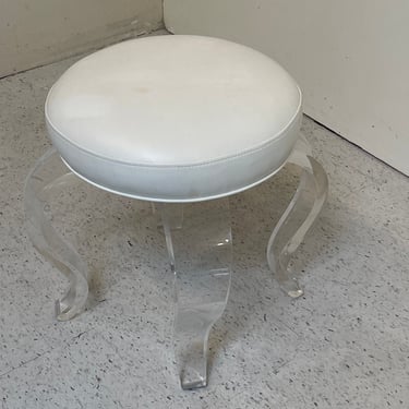 Round Lucite Curved Leg Vanity Stool | mid century vintage seating | white swivel cushion 