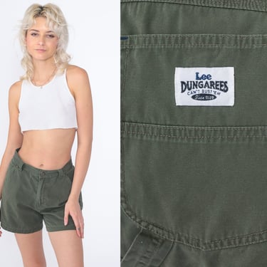 Lee Dungarees Shorts Y2K Olive Green Carpenter Shorts Mid Rise Shorts Hammer Loop Utility Summer Basic Relaxed Tomboy Vintage 00s Small S 27 