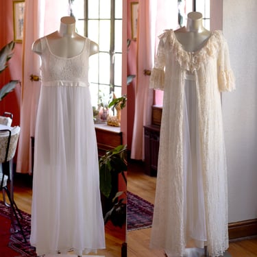 Vintage Peignoir Set -  1960s - Intimé - Robe and Nightgown - Off-White, Sheer, Lace - Vintage Lingerie - 60s, Bridal, Wedding Lingerie 