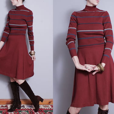 Vintage 1970's | Striped | Wool Blend | Turtleneck | Sweater | Dress | S 