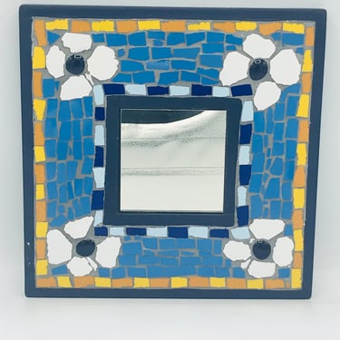 Vintage Mosaic Tile  Glass Square Accent Mirror Wood frame-Black Yellow Blue  Border with White Flower - 9 3/4