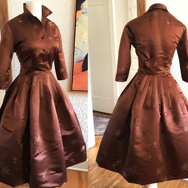 Yummy Vintage 1950's Chocolate Brown Silk Brocade "I Magnin" Cocktail Party Dress --Size Medium/Small 