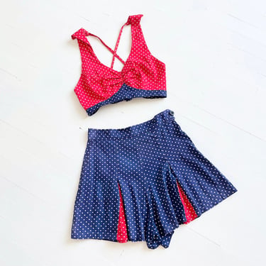 1940s Red + Blue Polka Dot Two Piece Set 