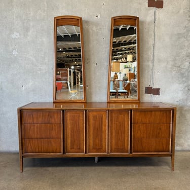 Mid Century Walnut 9 Drawer Dresser With Original Mirrors By Thomasville