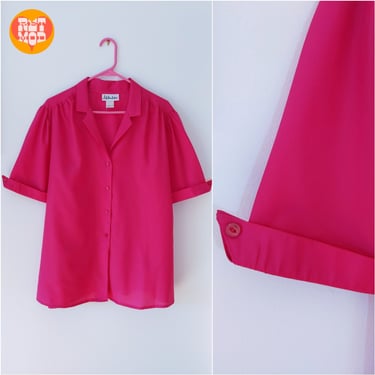 Lovely Vintage 70s 80s Magenta Pink Short Sleeve Button Down Cuffed Blouse - PLUS SIZE 