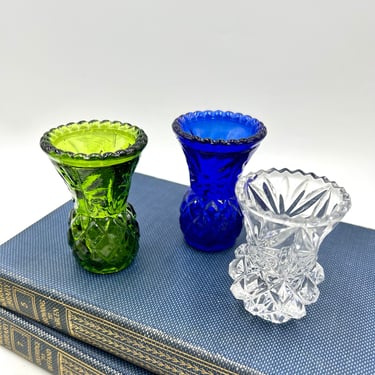 Vintage Toothpick Holders Emerald Green, Cobalt Blue, Clear Glass, Miniature Glass, Diamond Pattern, Pineapple Shaped Glassware, Dinnerware 