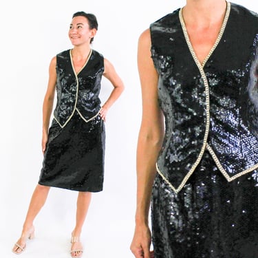 1990s Black Sequin Vest & Skirt Set | 90s Black Sequin Skirt Set | Lillie Rubin | Medium 