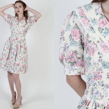 80s Garden Floral Dress / Country Farm Dress / Pointed 1980s Layered Collar / Flower Bouquet Full Skirt Mini Dress 