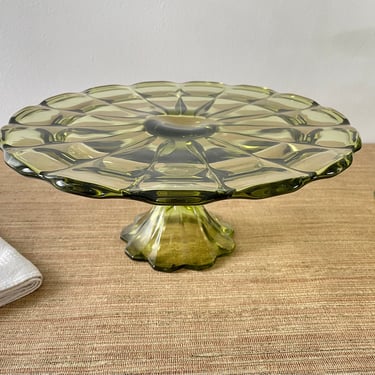 Vintage Green Scalloped Cake Stand - Glass Pedestal Cake Plate 