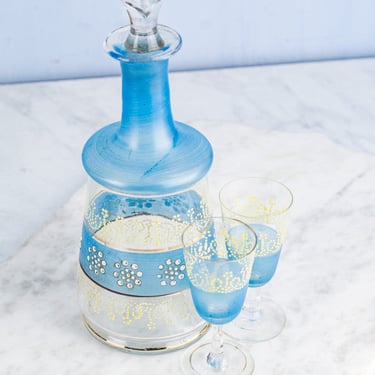 Antique French Enameled Glass Decanter with Glasses