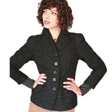 Vintage 40s Black Blazer in Nubby Wool Shiny Buttons / S 