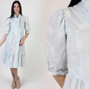 Light Weight Puff Sleeve Western Style Dress, Vintage 70s Velvet Floral Light Blue Outfit, Button Up Old Fashion Sheer Gown 