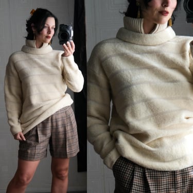 Vintage 90s ESCADA Ivory Cashmere Blend Stripe Knit Hidden Zip Turtleneck Sweater Unworn w/ Tags | Made in Italy | 1990s Designer Sweater 