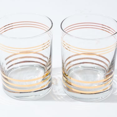 Set of Two Georges Briard Gold Stripe Old Fashion Glassware, Mid Century 