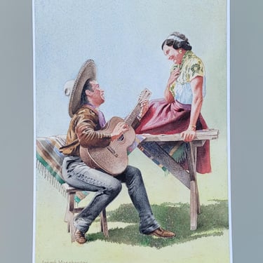 Vintage California Rancho Mexico Romantic Serenading Guitar Painting 