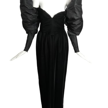 TAN GIUDICELLI- 1980s Black Velvet &amp; Taffeta Gown, Size 2