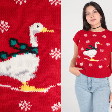 80s Duck Sweater Winter Snowflake Short Cap Sleeve Sweater Top Red Knit Animal Shirt Christmas Holiday Top Kawaii Vintage 1980s Medium 