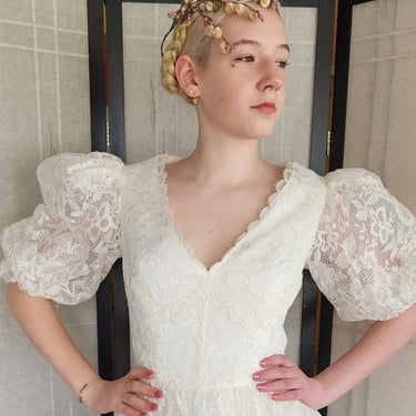 Vintage 80s White Lace Wedding Dress Statement Sleeves 