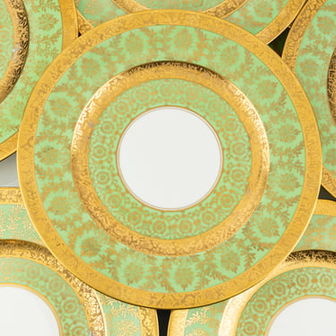 Vintage Green & Gold Encrusted Dinner Plates - Set of 12