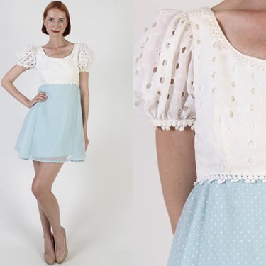 Baby Blue Boho Wedding Dress Sheer Puff Sleeves Vintage Swiss Dot Eyelet Mini Dress 