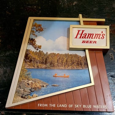 Vintage 1950s Hamms Beer Plastic Sign great for Mancave or bar Canoe on Lake scene 