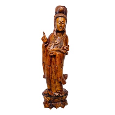 Vintage Hand Carved Solid Wood Standing Kwan Yin or Guanyin Oriental Statue 