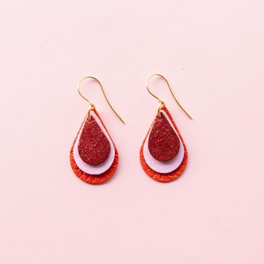 Triple Tiered Red Teardrops - with Pink Highlights Reclaimed Leather Minimalist Earrings 