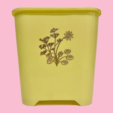 Vintage Polly Flex Wastebasket Retro 1960s Mid Century Modern + Yellow + Gold Flowers + Plastic + Oval Shape + MCM Bathroom Decor + Trashcan 