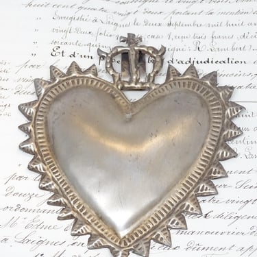 Vintage Large 5 1/2 Inch Repousse Silver Metal Heart  with Crowned Cross Ex Voto,   Vintage Religious Milagro 