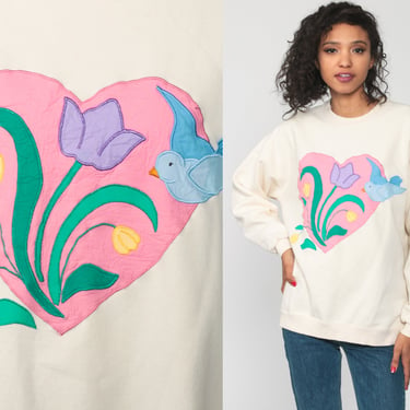 Heart Bird Sweatshirt 90s Animal Sweatshirt Love Shirt Kawaii Bird Jumper Slouchy Sweat Shirt Vintage 80s Floral Medium Large 