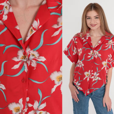 Red Hawaiian Shirt 90s Tropical Floral Blouse Button Up Top Summer Short Sleeve Orchid Flower Print Casual Tie Front 1990s Vintage Medium M 