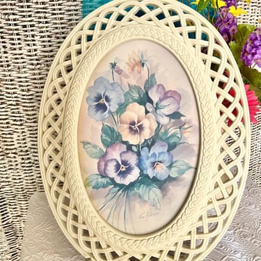 Petunias Posies Framed Print, Faux Wicker Frame, Oval, Floral Shabby Chic, Homco, Vintage 70s 80s, Wall Hanging 