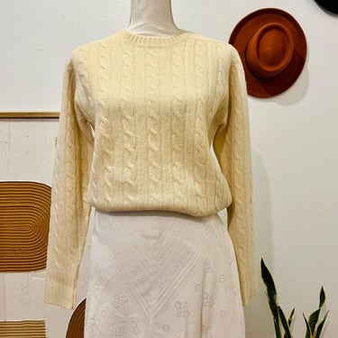 Vintage 90s Karen Scott Shetland Wool Cream Cable Knit Pullover Sweater M 