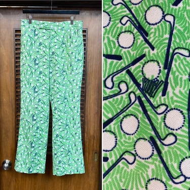 Vintage 1970’s w32 “Lilly Pulitzer” Golf Print Poly Disco Pop Art Mod Trousers Pants, 70’s Ivy League, Vintage Clothing 