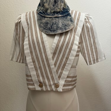 Vintage 80s White & Tan Short Sleeve Cropped Blazer; 70s Striped Linen Blouse Side Button; 70s Cropped Feminine Spring Pastel Blazer Jacket 
