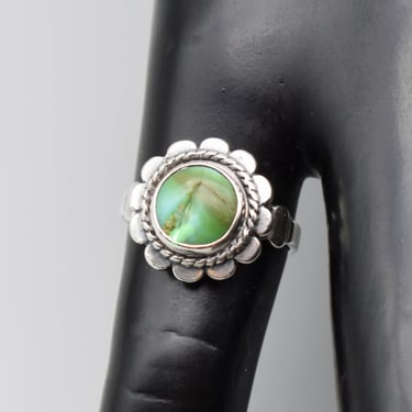 50's sterling turquoise size 4.5 Bell Trading Post sunflower ring, flawed green stone 925 silver Southwestern solitaire 
