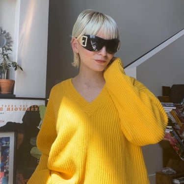 VTG 90s LizSport Yellow Cotton Knit Sweater 