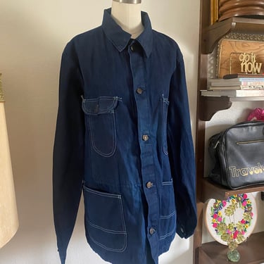Rare Vintage 70s Key Imperial Longline Workwear Jacket; 60s Medium Wash Blue Unisex Denim Chore Jacket with Deep Pockets L XL 