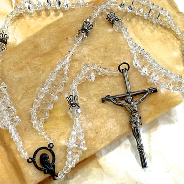 VINTAGE: Clear Crystal Glass Rosary - Religious Necklace - SKU 34-255-00008595 